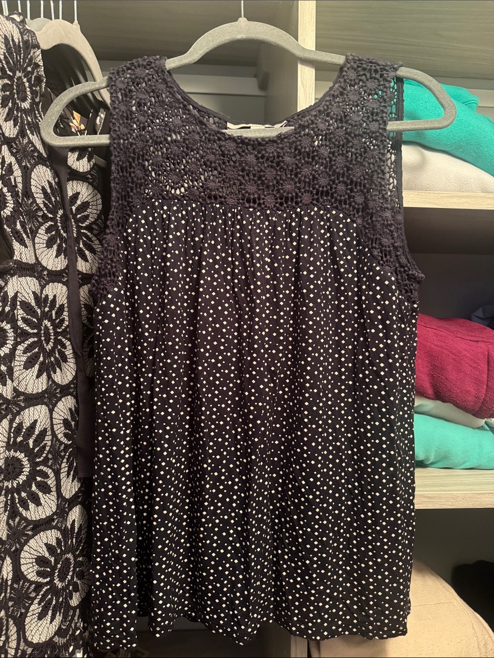 LOFT Black Sleeveless Polka Dot Crochet Yoke Top